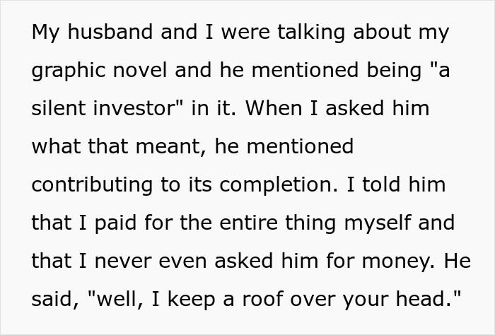 Text image discussing a husband's claim as a "silent investor" in his wife's graphic novel, sparking disbelief.