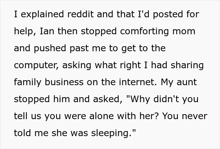 Text excerpt about family's reaction to sharing personal issues online after sibling prank conflict.