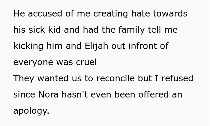 Text message discussing conflict about a spoiled boy at a party and a lack of apology.