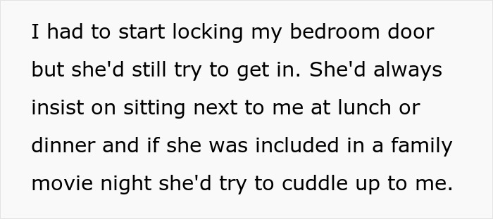 Text about a teen locking their bedroom door to escape unwanted attention from sister's friend, described by parents as a prank.