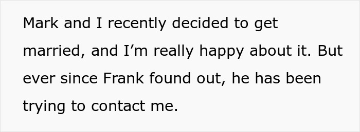 Text about marriage and relationship issues, mentioning contact attempts by someone named Frank.