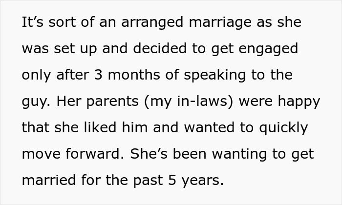 Text discussing arranged marriage and quick engagement, highlighting family happiness with the decision.