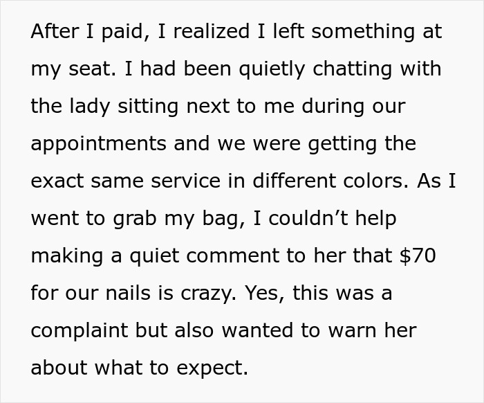 Woman vents about nail salon prices, causing chaos and leaving, after discussing service costs with another customer.