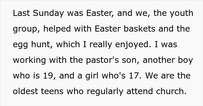 Text excerpt about youth group helping with Easter baskets and egg hunt, reflecting niece&rsquo;s refusal to babysit kids drama.