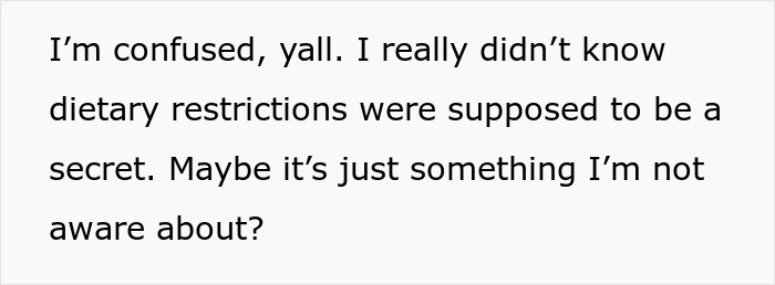 Text image discussing confusion about dietary restrictions being secretive, related to gluten-free diet sharing.