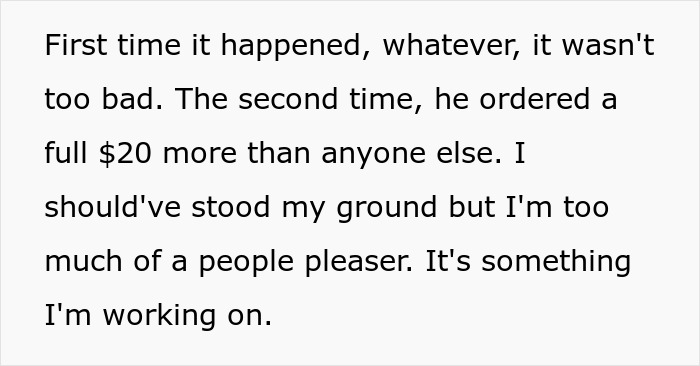 Text complaining about a guy infamous for ordering more food and expecting to split the bill equally.