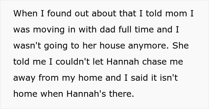 Text exchange about teen choosing dad's house over mom's, due to pregnant stepdaughter returning.