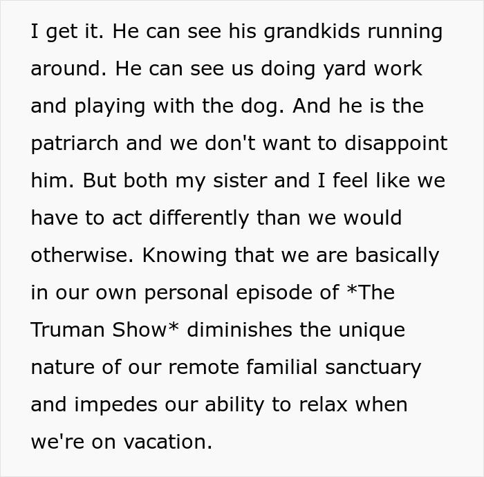 Text about family dynamics and privacy concerns with vacation house security cameras.