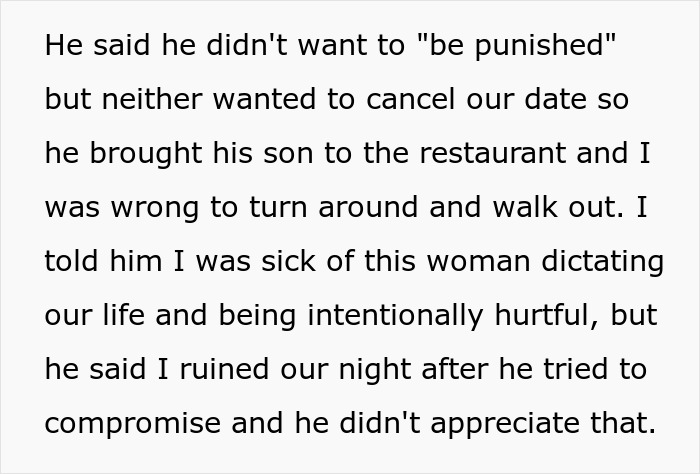 Text detailing a man bringing his son on a date due to an ex's demands, causing frustration for his girlfriend.