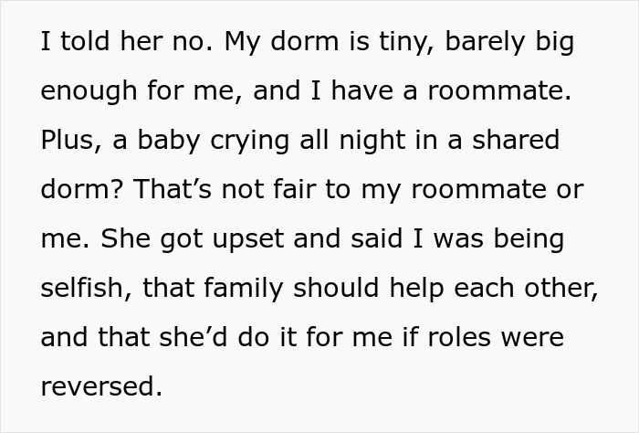 Text discussing college dorm room challenges with a sister and her baby.