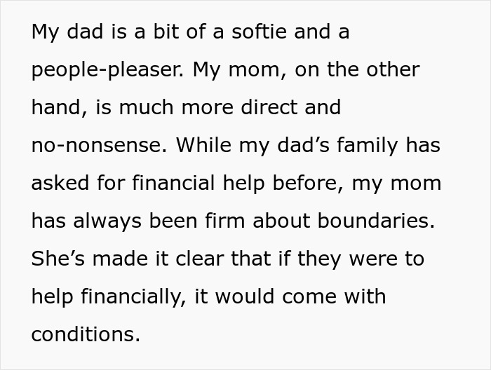 Text about firm boundaries in family financial help; dad is a people-pleaser, mom is direct.