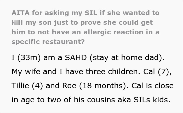 Text discussing a family's concern over a SIL disregarding a 7-year-old's allergies, leading to a confrontation with the dad.