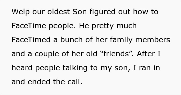 Text reveals son accidentally uncovers lie about wife's past relationships via FaceTime family call.