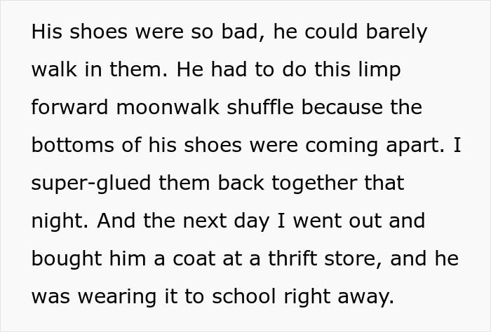 Text about struggling with worn shoes, thrift shopping for a coat, related to custody and care of three kids.