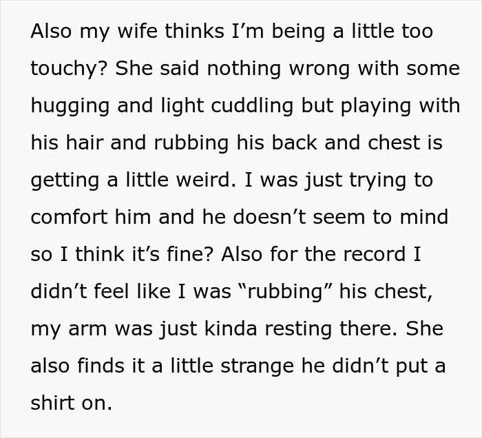 Text about teen boy snuggling with dad, discussing comfort and boundaries from a wife's perspective.