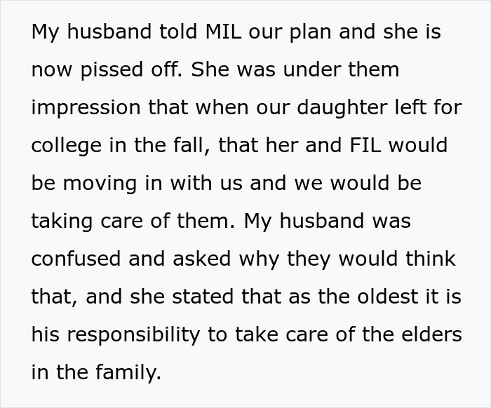 Text discussing MIL's expectation to live with son's family for care; husband surprised by obligation to care for elders.