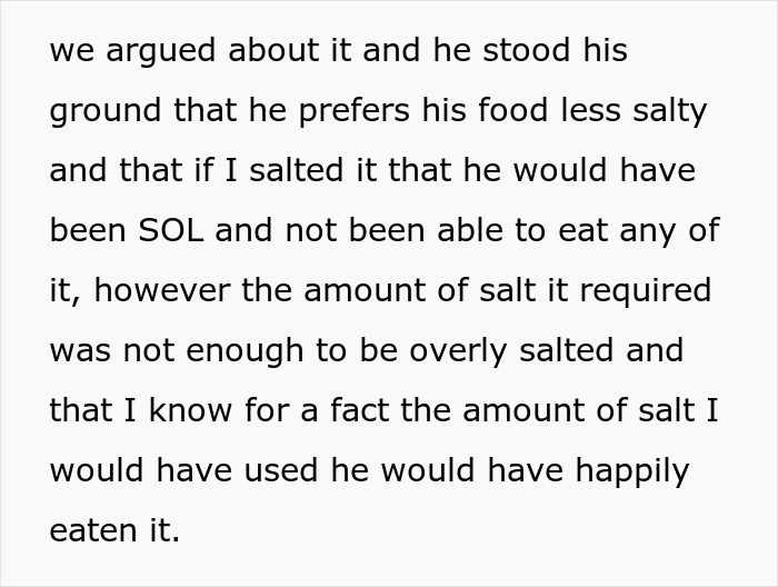 Text excerpt about a woman frustrated with her boyfriend's preference for less salty food.