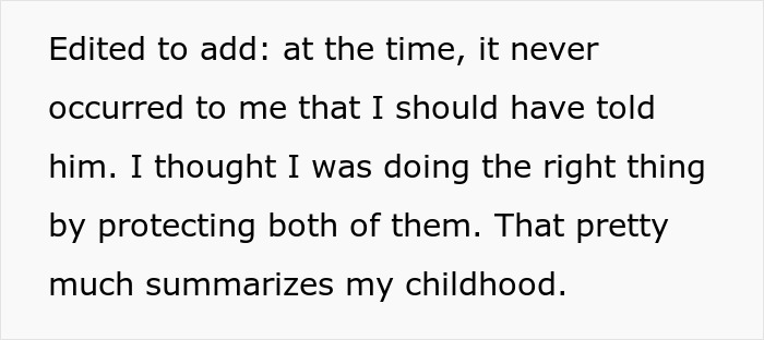 Text excerpt about protecting both parents, reflecting a childhood experience related to mom and son financial conflict.