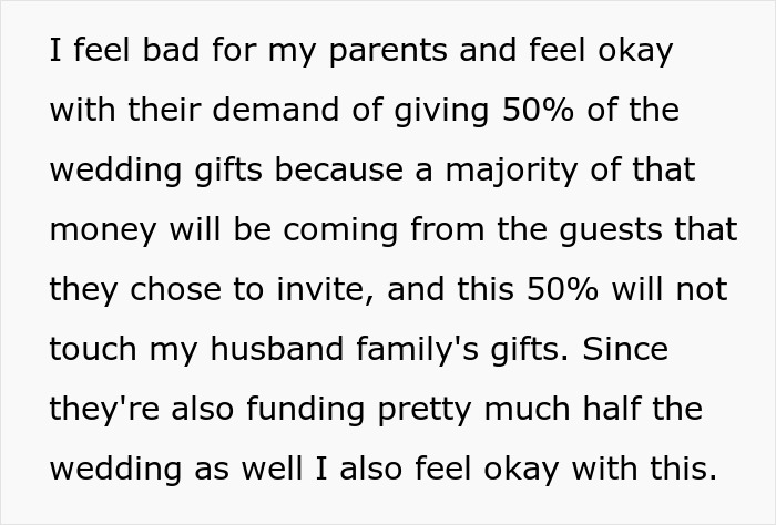 Text discussing parents' demand for 50% of wedding gifts after paying $20K reception cost.
