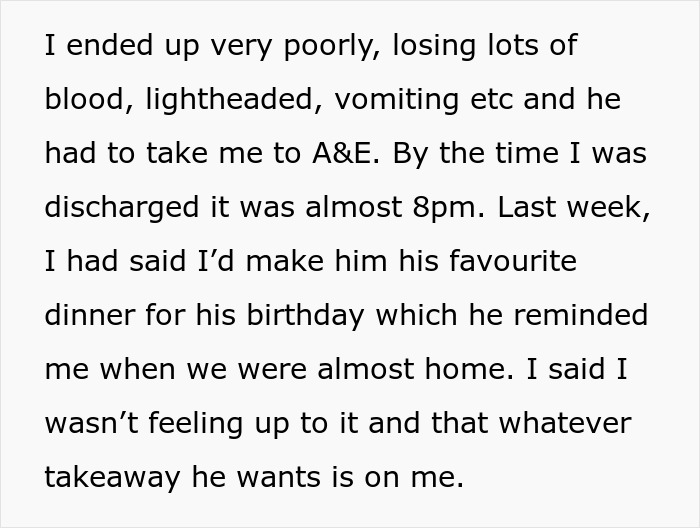 Text discussing a woman feeling unwell after a medical emergency, impacting her husband's birthday dinner plans. Text discussing a woman feeling unwell after a medical emergency, impacting her husband's birthday dinner plans.