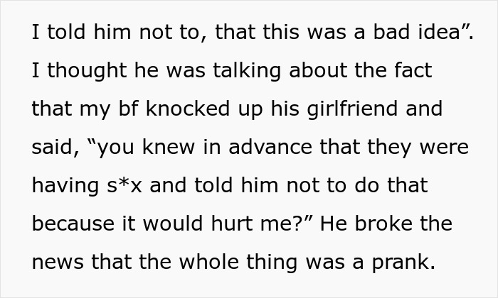 Text screenshot discussing an April Fools' prank involving a fake affair and pregnancy announcement. Text screenshot discussing an April Fools' prank involving a fake affair and pregnancy announcement.
