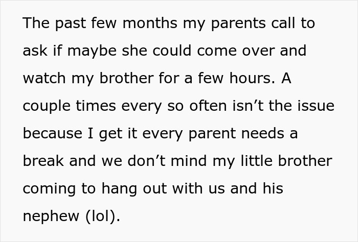 Text message about parents inviting son for babysitting help. Text message about parents inviting son for babysitting help.