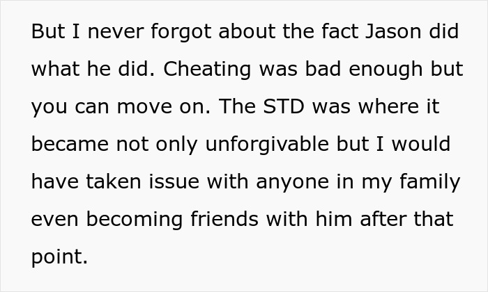 Text discussing a woman's reaction to her sister choosing an ex who spread an STD over family loyalty. Text discussing a woman's reaction to her sister choosing an ex who spread an STD over family loyalty.