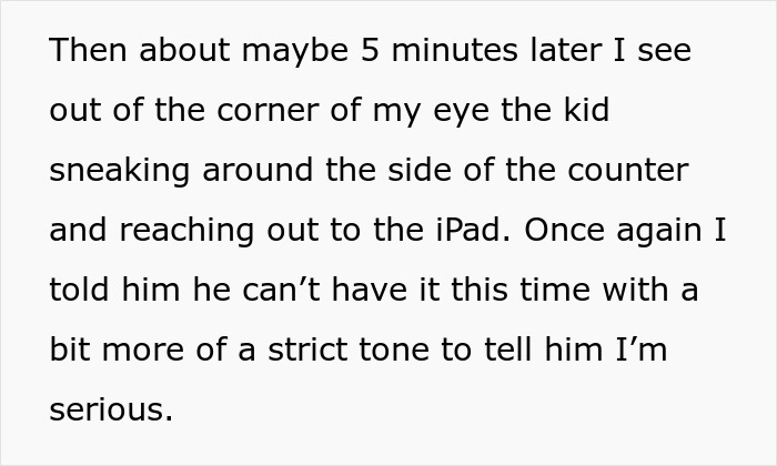 Text describing a child reaching for an iPad, reflecting an entitled mom's lack of control in a bowling alley setting.