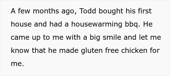 Text about a housewarming BBQ where Todd made gluten-free chicken for a friend.