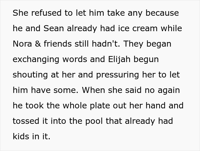 Text describing a spoiled boy demanding extra ice cream, then tossing a plate into a pool when refused.