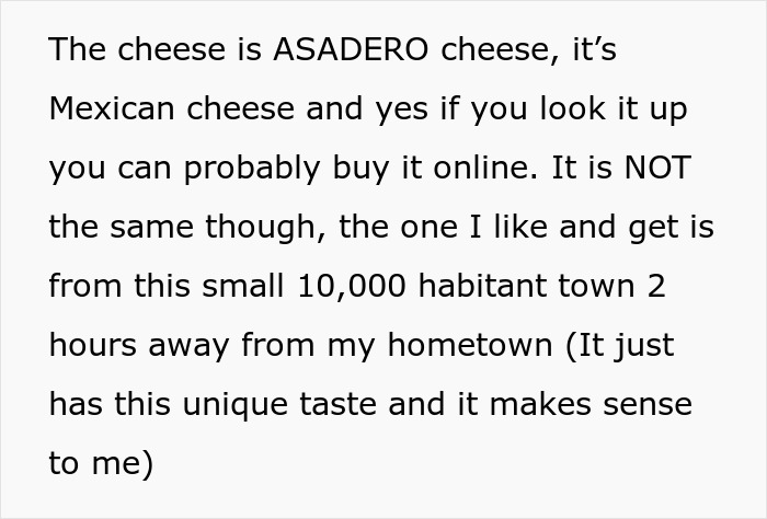 Text about unique Asadero cheese, highlighting its special taste sourced from a small town, ideal for a fridge lockbox.