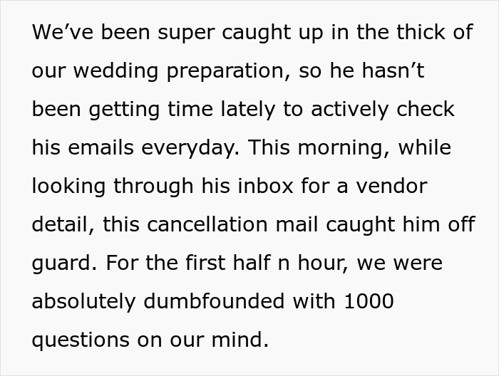 Email about honeymoon cancellation causing surprise during wedding preparations.