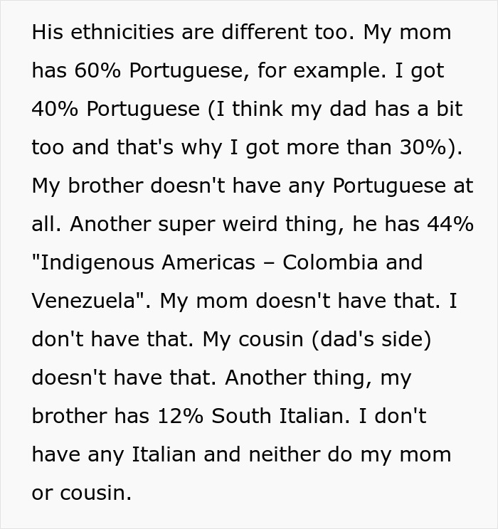 Text image showing surprising family DNA results with unexpected ancestry details.