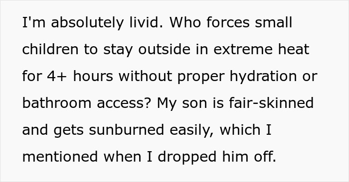 Text expressing concern over kids in sun without hydration or bathroom.