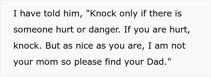Text excerpt showing lady telling housemate's child she's not his mom, asks him to find dad if needed.