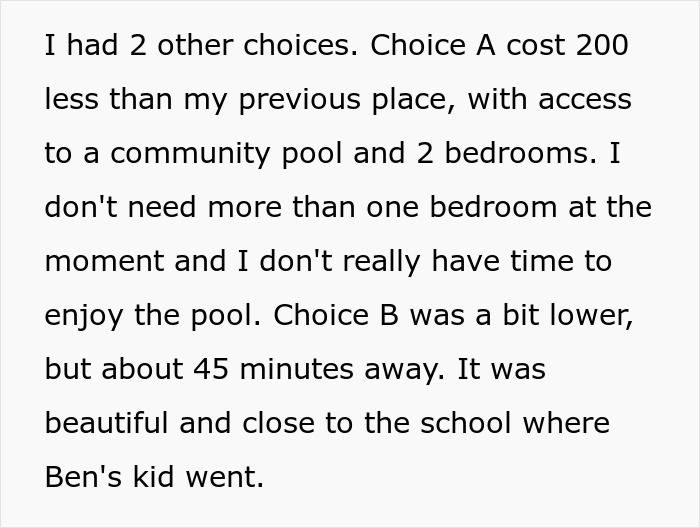 Text discussing choices related to living arrangements, cost, and proximity to school.