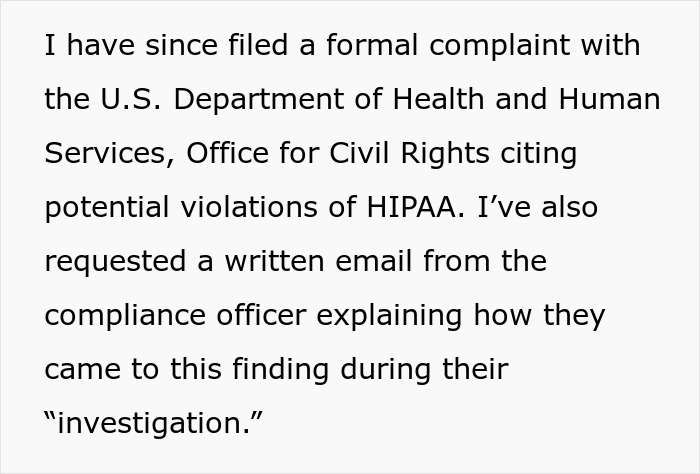 Text about filing a formal HIPAA complaint due to a canceled doctor's appointment without consent.