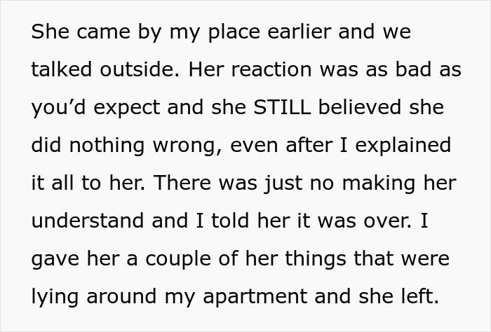 Text message detailing a woman's reaction after a breakup involving her boyfriend’s grieving brother. Text message detailing a woman's reaction after a breakup involving her boyfriend’s grieving brother.