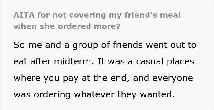 Text discussing a friend's dinner order and bill-splitting disagreement at a casual restaurant. Text discussing a friend's dinner order and bill-splitting disagreement at a casual restaurant.