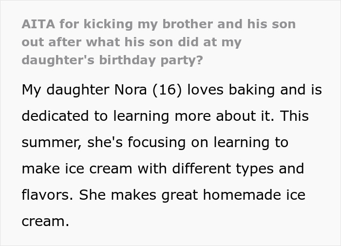 Text reads about a boy wanting extra ice cream, birthday issue at a party, and homemade ice cream skills of Nora.