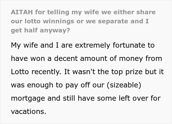 Text of discussion about sharing lotto winnings in a relationship.