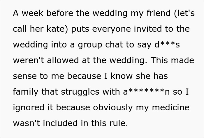 Text screenshot about a wedding policy on medication, causing conflict between bride and friend over anxiety pills.