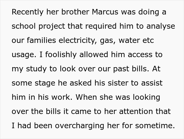 Text discussing stepdaughter discovering overcharged rent from past bills.