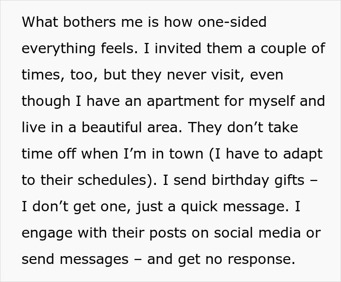 Text about visiting siblings, feeling one-sided, mentions gifts, social media engagement, and lack of response.
