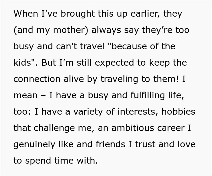 Text describing travel expectations and busy life instead of visiting siblings and nieces and nephews.