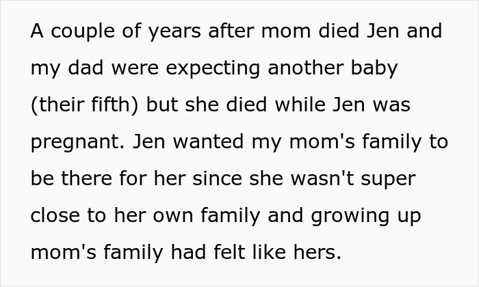Text recounting events after stepdaughter's mom died and the impact on her relationship with stepmom and family.