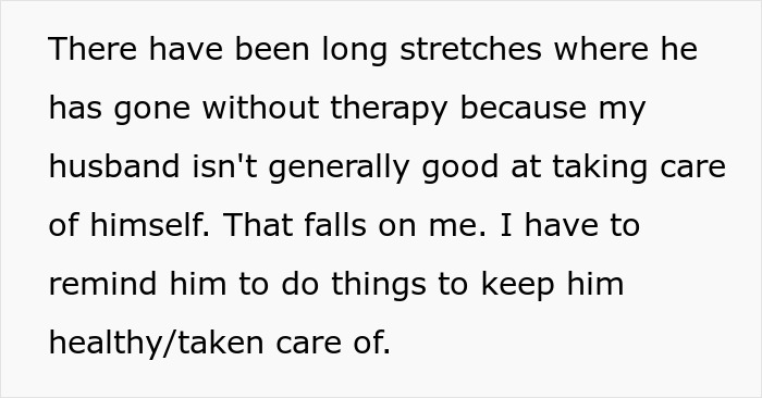 Alt text: Wife discusses husband therapist challenges with homework and self-care responsibilities at home. Alt text: Wife discusses husband therapist challenges with homework and self-care responsibilities at home.