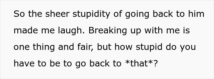 Text expressing laughter as he learns she returned to her ex after breaking up.