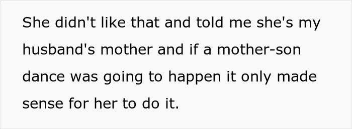 Text excerpt about a stepmother upset over exclusion from a mother-son dance at a wedding event.