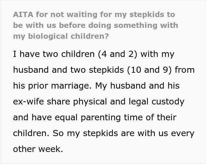Text about stepmom handling custody and activities for biological kids and stepchildren.